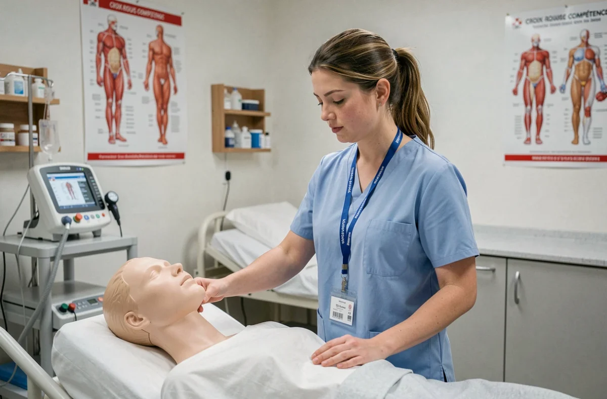 Apprenante en formation sanitaire et médico-sociale de la Croix-Rouge Compétence pratiquant des soins sur un mannequin dans un laboratoire de simulation clinique