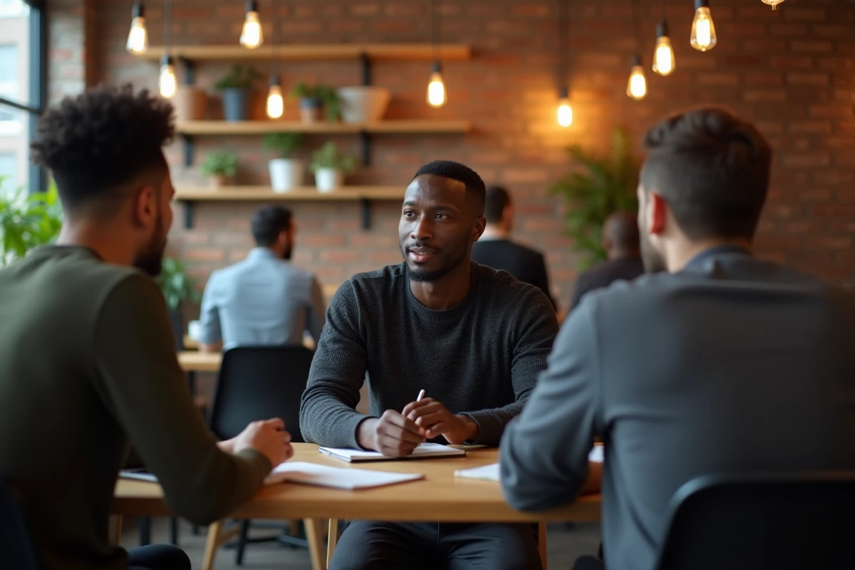 Un manager attentif prend des notes lors d'un échange collaboratif dans un espace de coworking, incarnant les qualités d'un bon leader