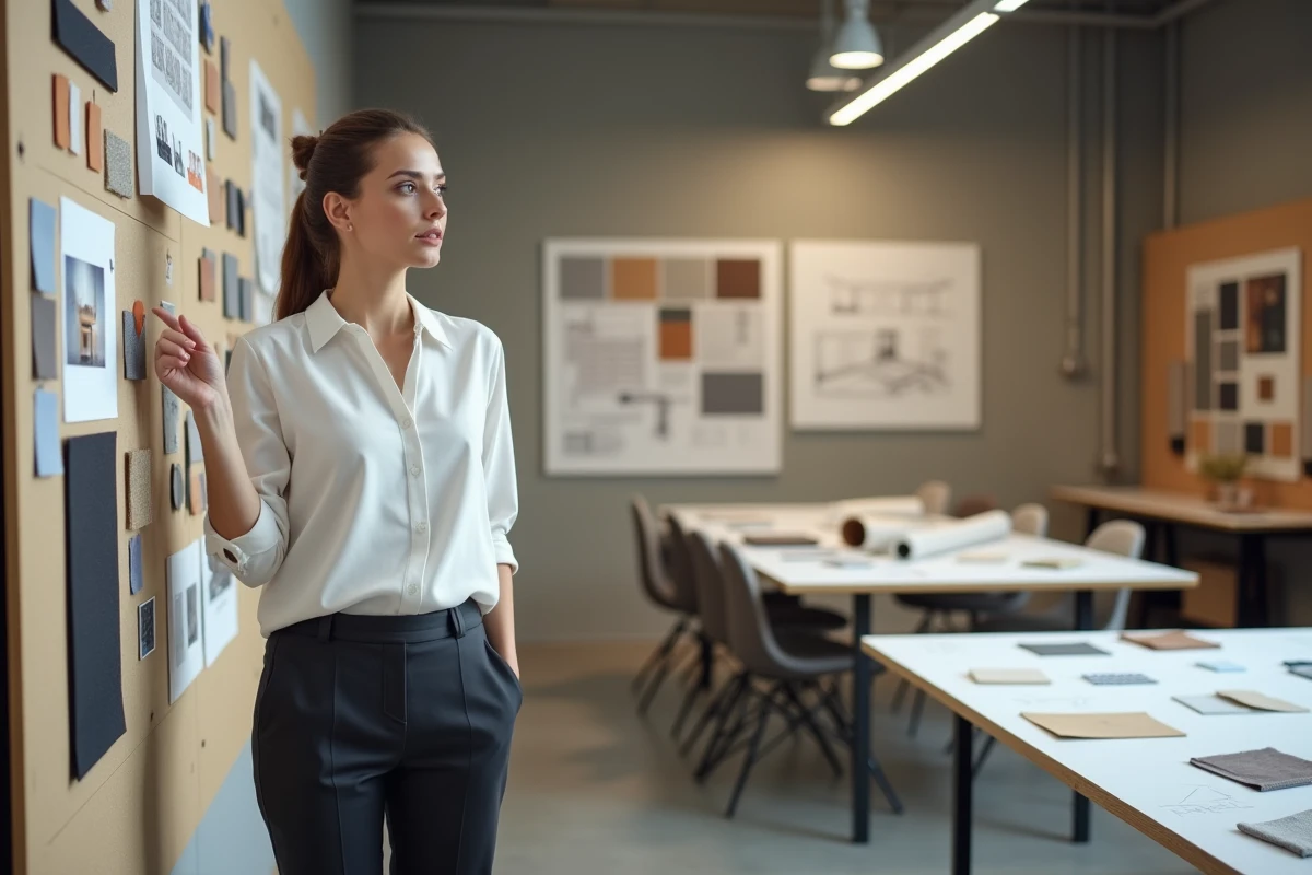 Designer professionnelle analysant des échantillons de matériaux et palettes de couleurs sur un tableau d'inspiration dans un studio de design contemporain