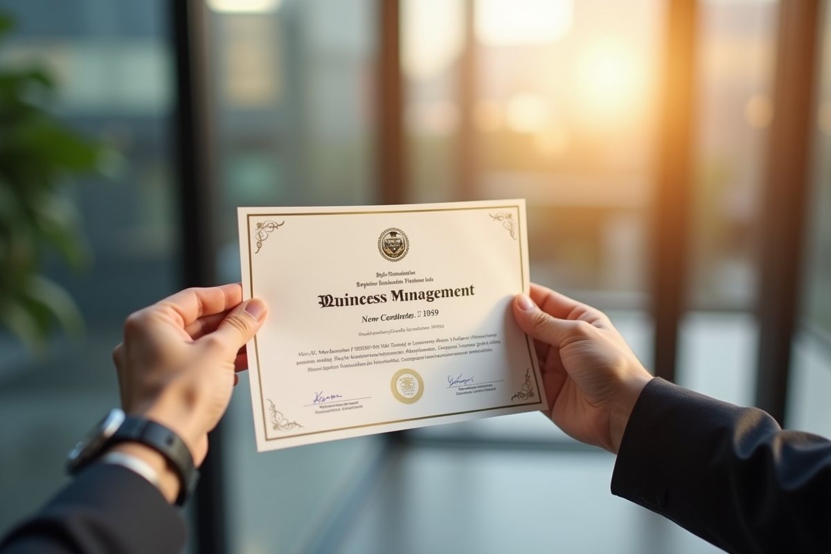 Diplome de gestion d entreprise tenu par mains confiantes