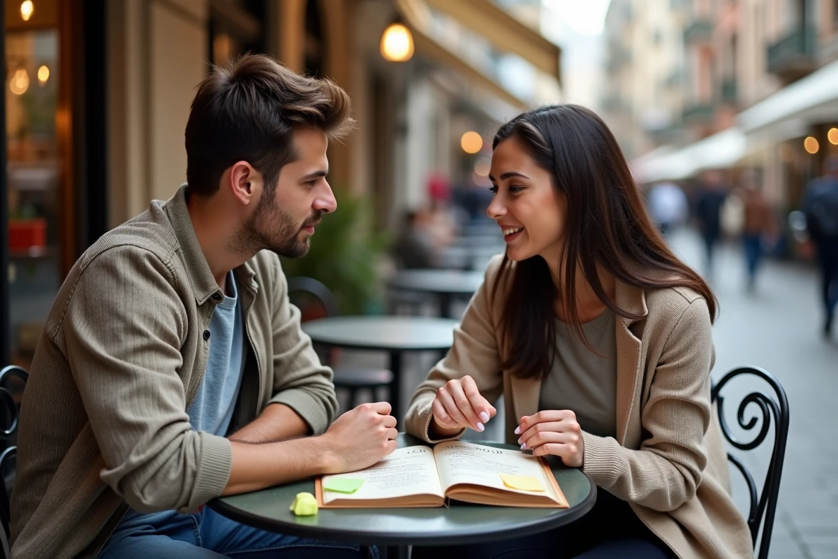 Deux étudiants révisant ensemble les verbes espagnols avoir dans un café pour préparer le DELE