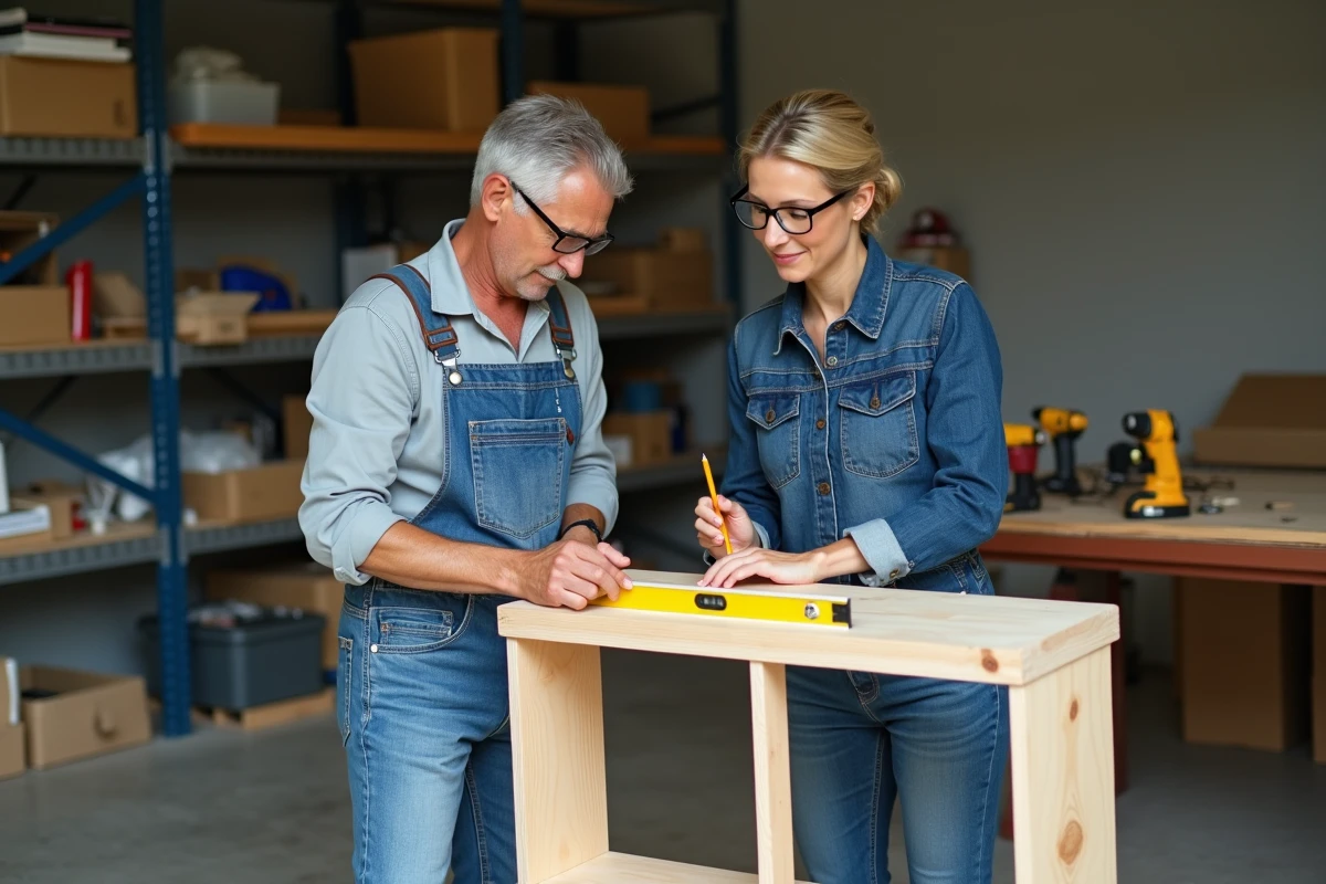 Deux adultes en tenue de bricolage assemblant ensemble une étagère en bois dans un garage lors d'une session de formation pratique