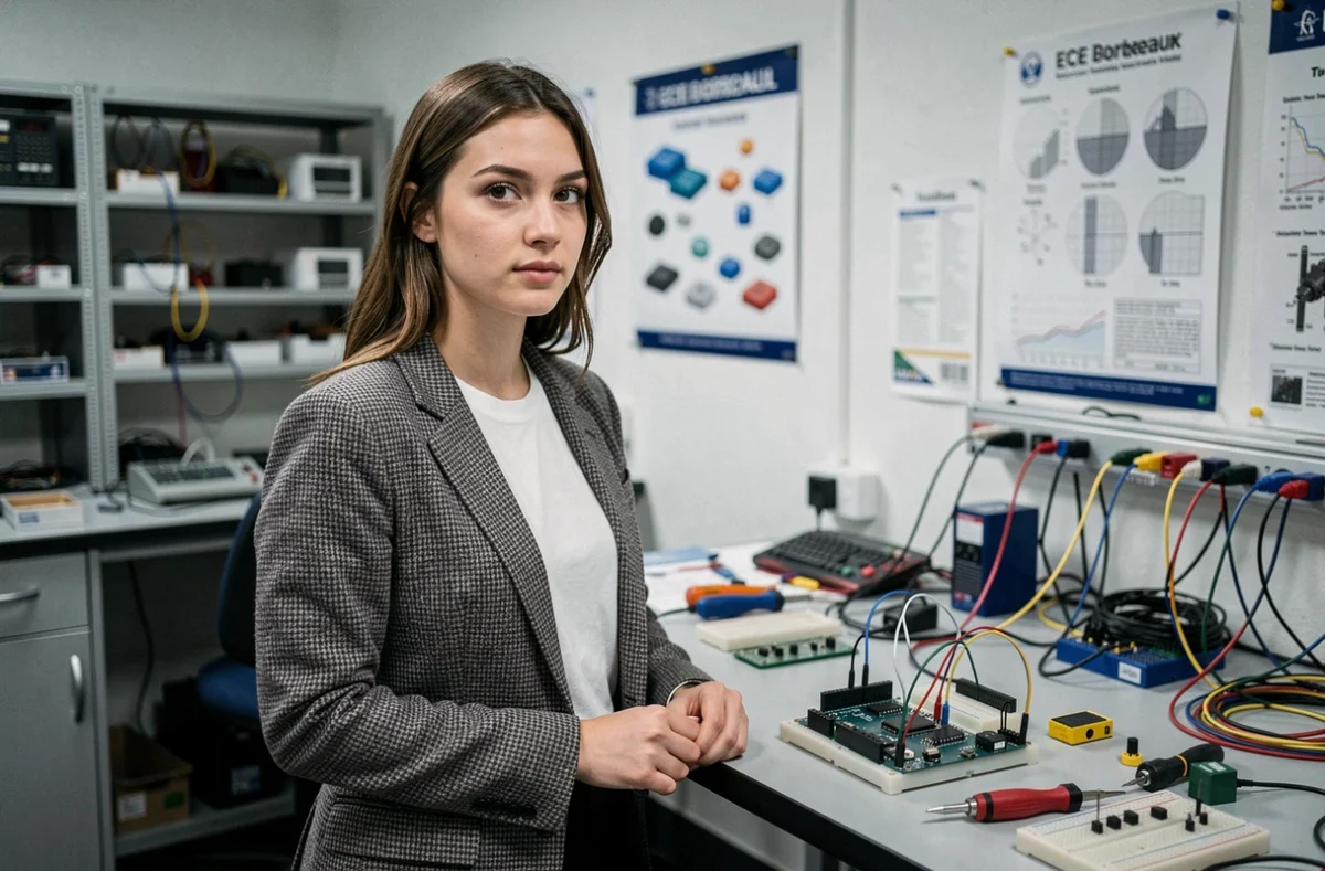 Étudiante en électronique travaillant sur un prototype Arduino dans un laboratoire de l'ECE Bordeaux