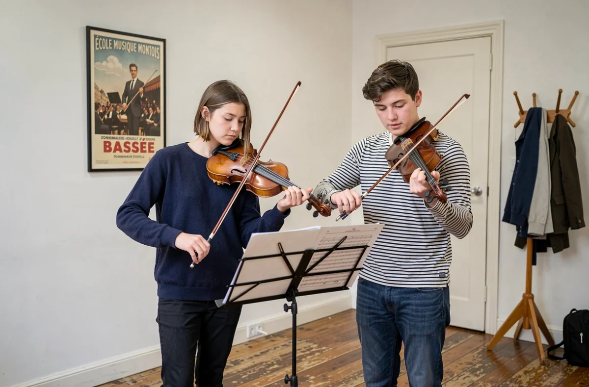 Deux adultes en duo de violon à l'École Musique Montois Bassée à Donnemarie-Dontilly