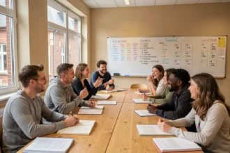 Groupe d'étudiants adultes apprenant une langue étrangère dans une école de langues des Hauts-de-France