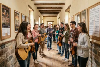 Élèves de différents âges dans le couloir d'une école de musique en Seine-et-Marne, tenant divers instruments de musique