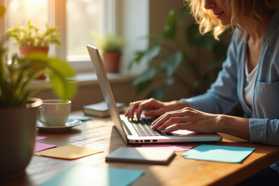 Écrivain créatif tapant sur un ordinateur portable dans un bureau lumineux
