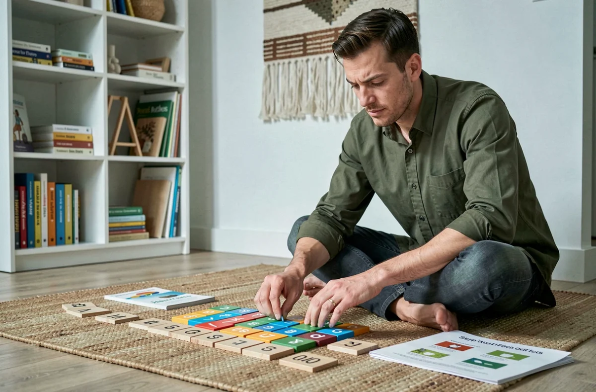 Éducateur Montessori débutant organisant des tuiles de multiplication sur un tapis dans un espace d'apprentissage à domicile