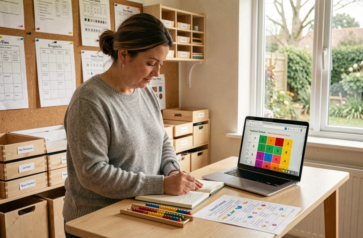 Éducatrice Montessori prenant des notes devant une table de multiplication interactive sur ordinateur dans une salle de préparation