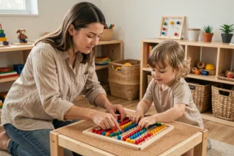 Éducatrice Montessori guidant un élève sur une table de multiplication en perles dans une salle de classe chaleureuse