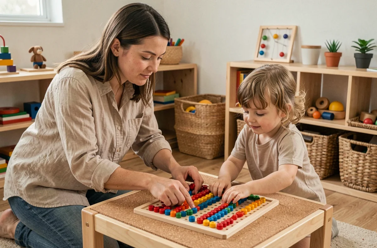 Éducatrice Montessori guidant un élève sur une table de multiplication en perles dans une salle de classe chaleureuse