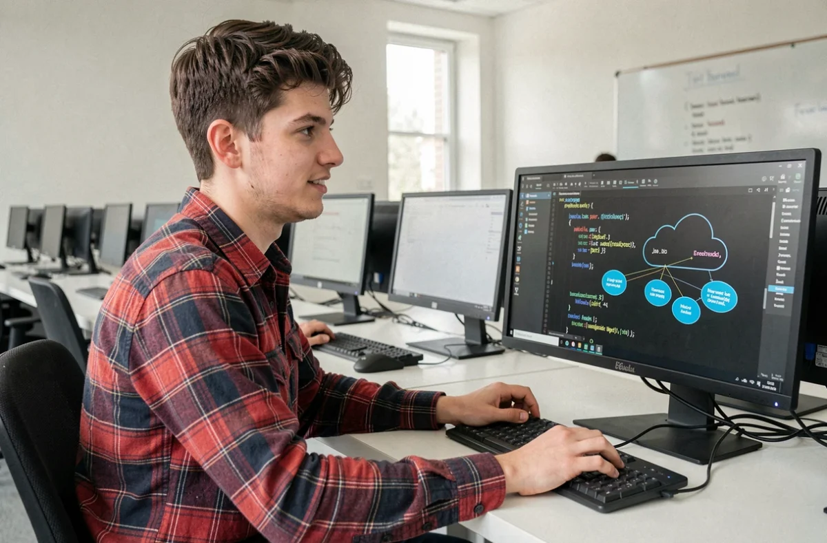 Étudiant développant une application cloud sur son poste de travail dans une salle informatique d'Efrei Bordeaux