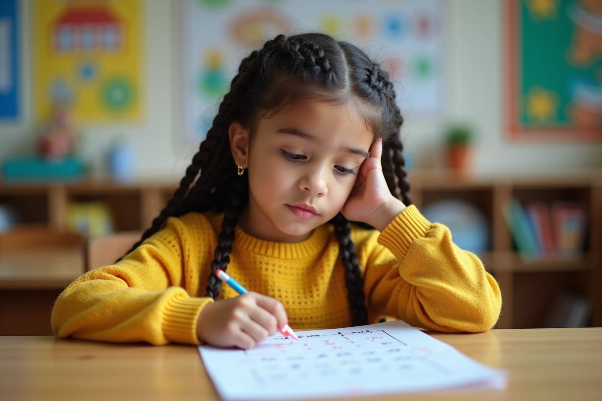 Jeune fille de CE1 lisant un texte sur les émotions à son bureau en classe
