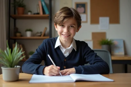 Jeune élève de collège écrivant une lettre à la maison