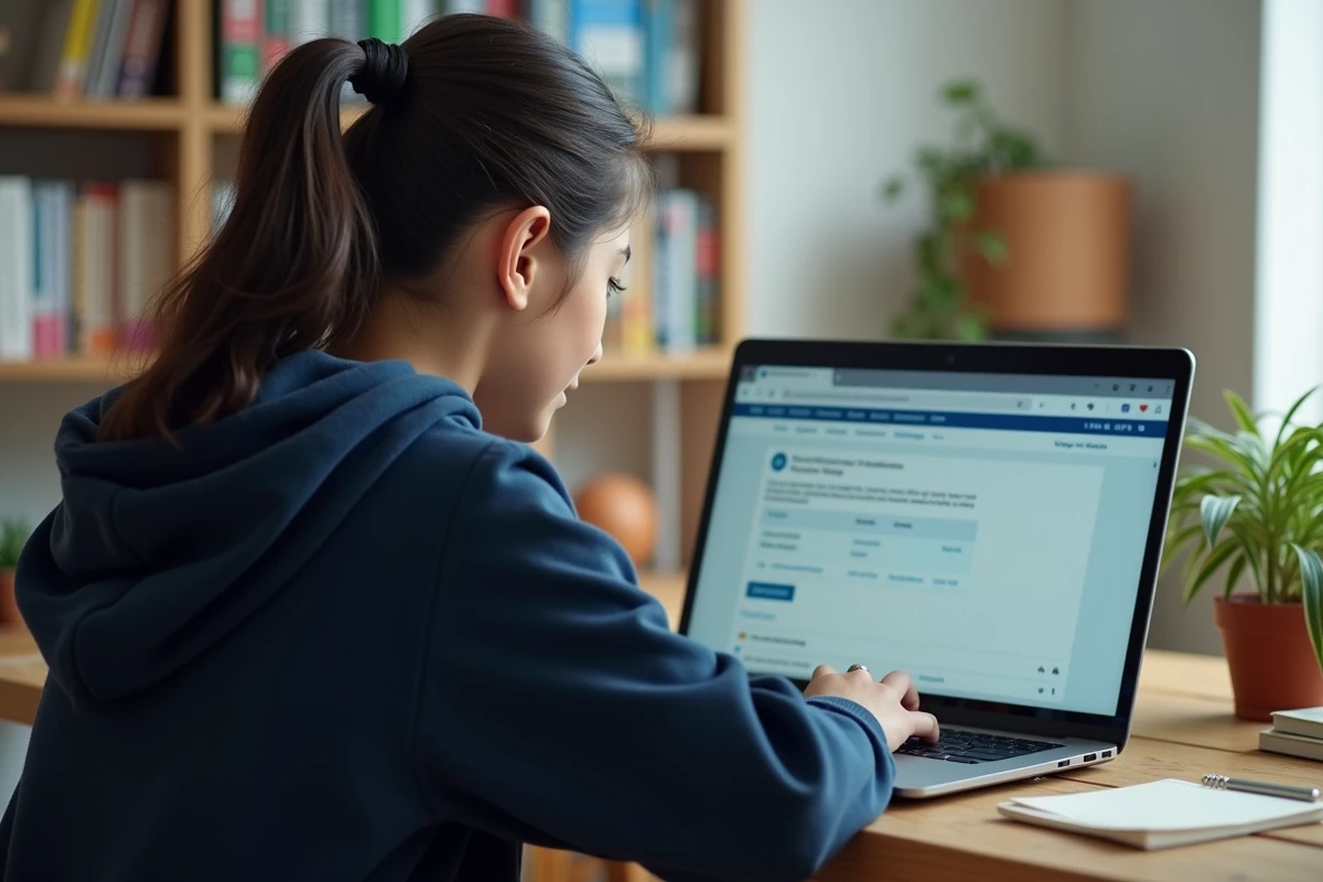 Élève collégienne utilisant la plateforme ENC OZE 92 sur son ordinateur portable dans sa chambre pour consulter ses cours en ligne