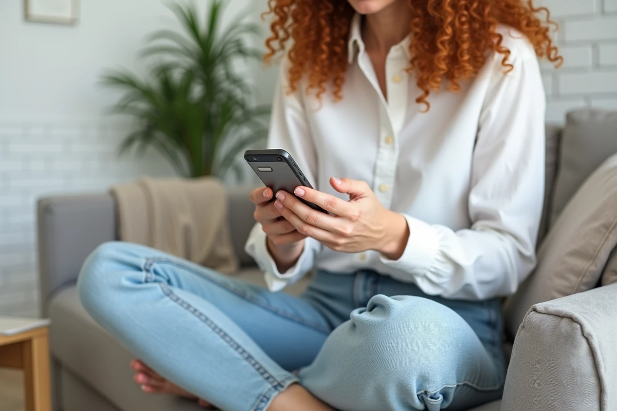 Jeune femme saisissant le caractère ene espagnol sur un smartphone depuis un salon moderne