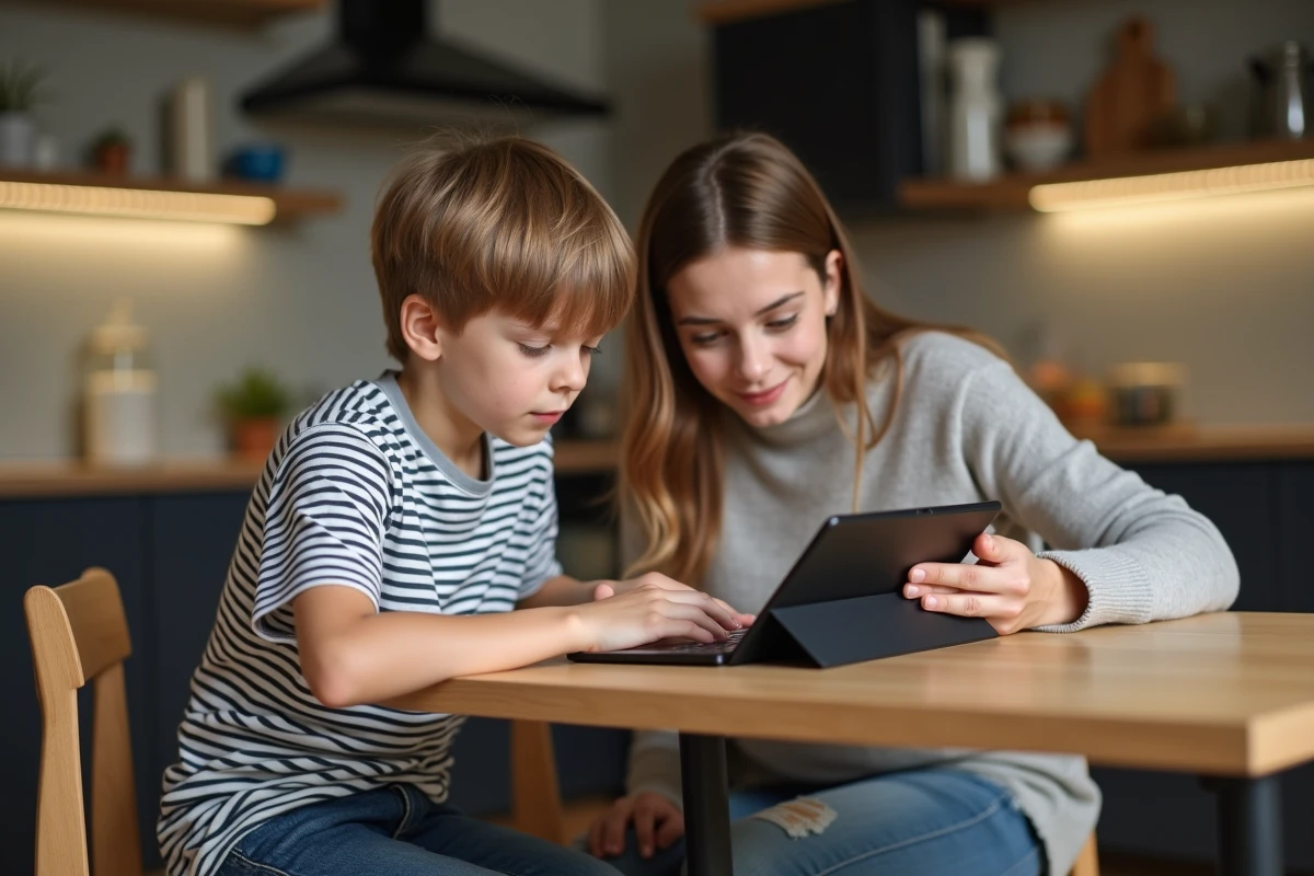 Jeune garçon de huit ans avec une tablette à la maison