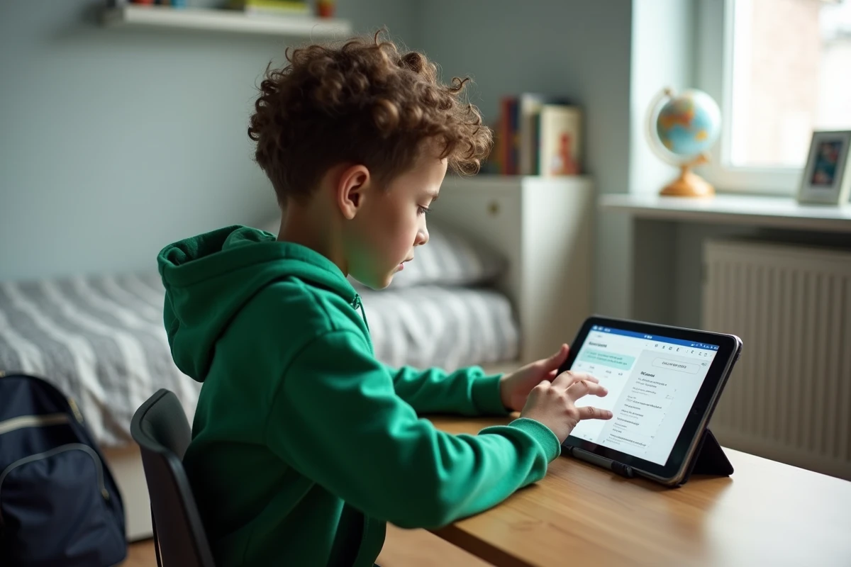 Enfant utilisant seul une tablette numérique pour accéder à ses devoirs sur la plateforme ONE connect opendigitaleducation dans sa chambre