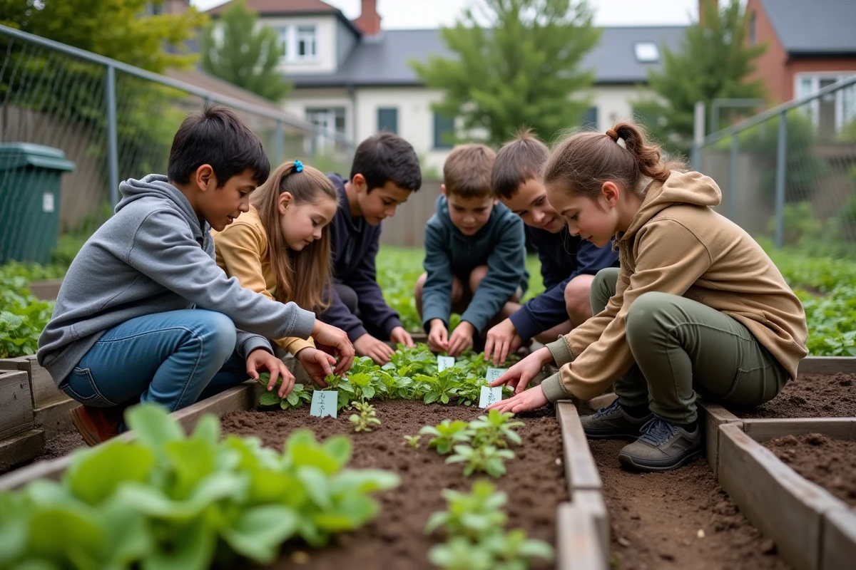Groupe d'enfants et adolescents en apprentissage collaboratif dans un jardin partagé urbain, illustrant la socialisation par l'éducation alternative