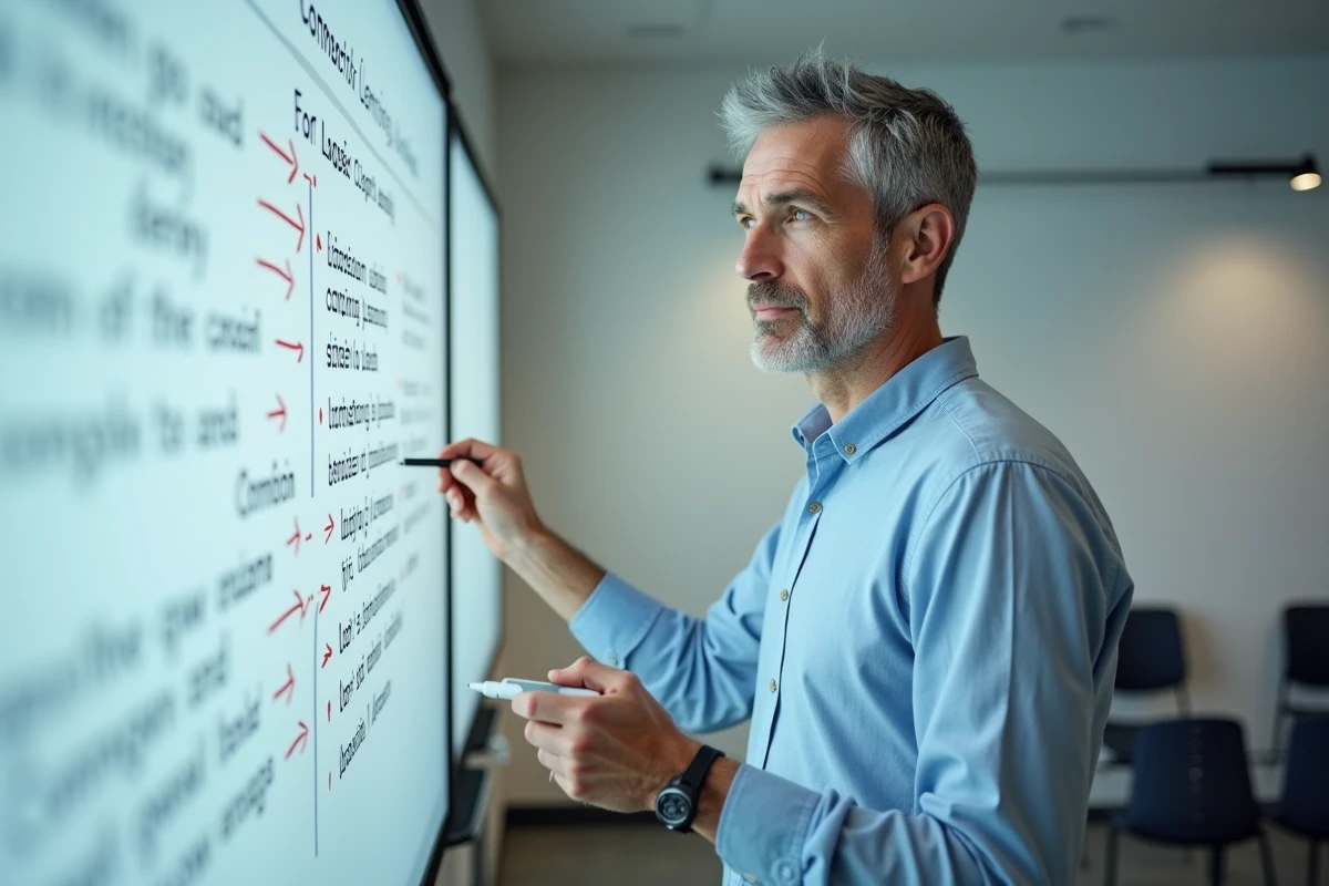 Enseignant expliquant des connecteurs logiques sur un tableau blanc dans une salle de classe universitaire moderne