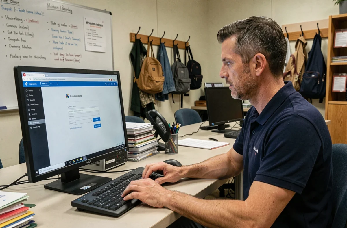 Enseignant en train de se connecter à un portail académique depuis la salle des professeurs d'un établissement scolaire