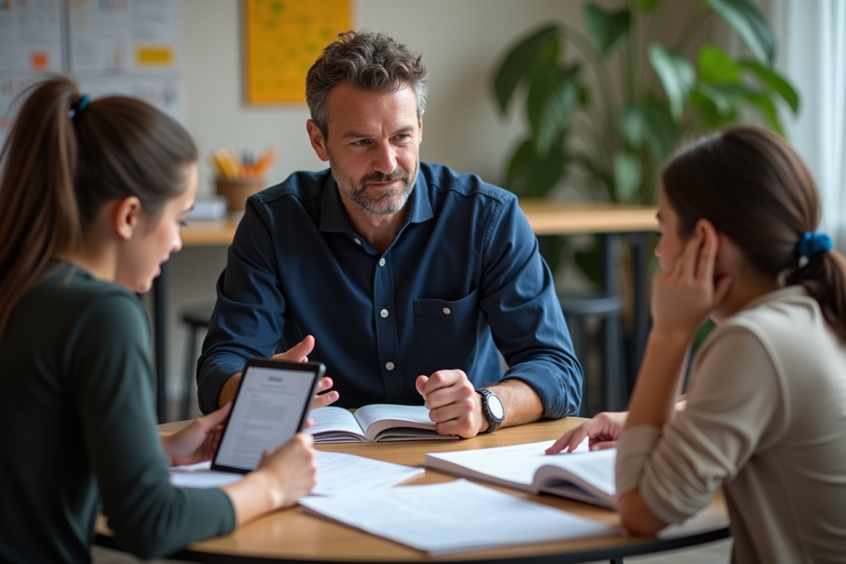 Professeur avec étudiants et supports d
