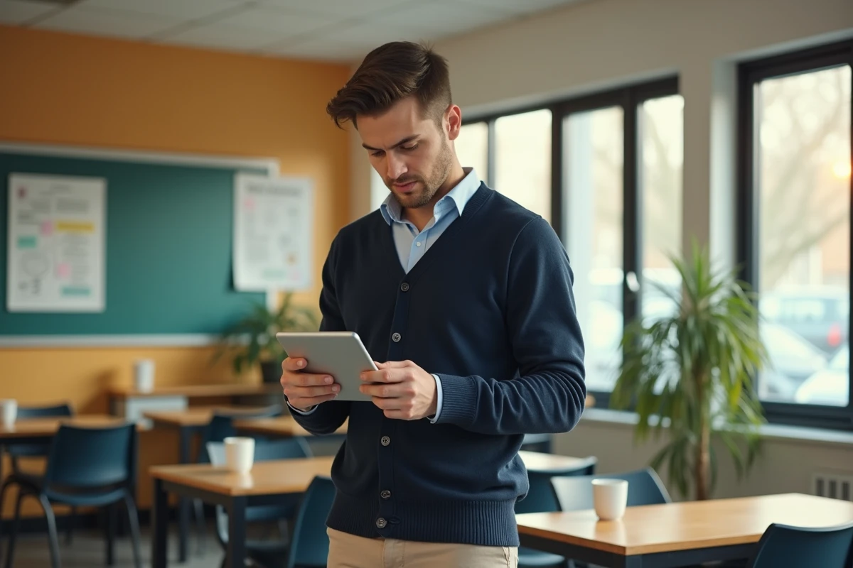 Jeune enseignant dans la salle de repos vérifiant ses devoirs sur tablette
