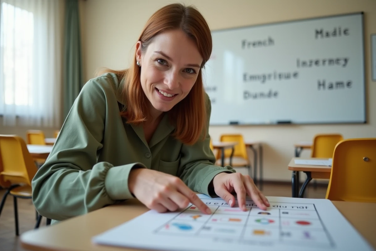 Enseignante expliquant un texte sur les émotions à un élève de CE1 en classe