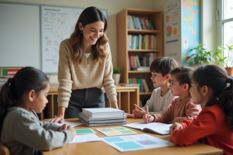 Jeune enseignante avec matériel pédagogique en classe