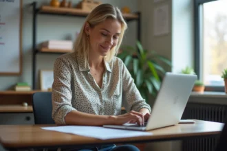 Enseignante au bureau moderne avec ordinateur et posters éducatifs
