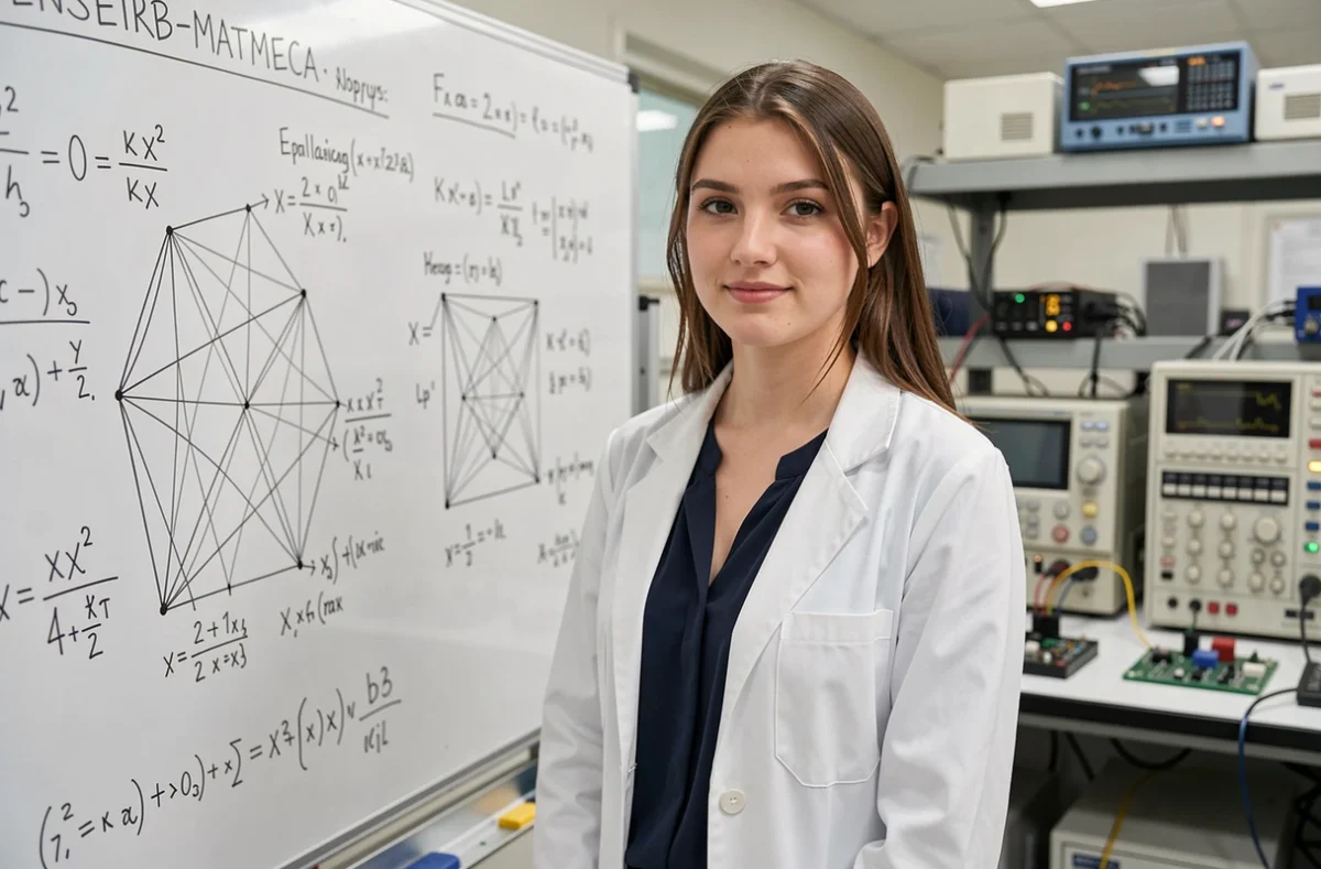 Étudiante en ingénierie devant un tableau de formules dans un laboratoire de l'ENSEIRB-MATMECA Bordeaux INP