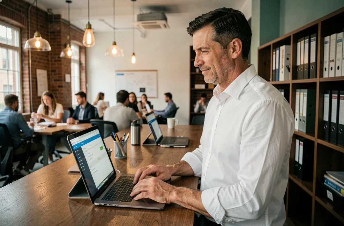 Entrepreneur masculin utilisant un logiciel de newsletter combiné à des fonctions CRM dans un espace de coworking