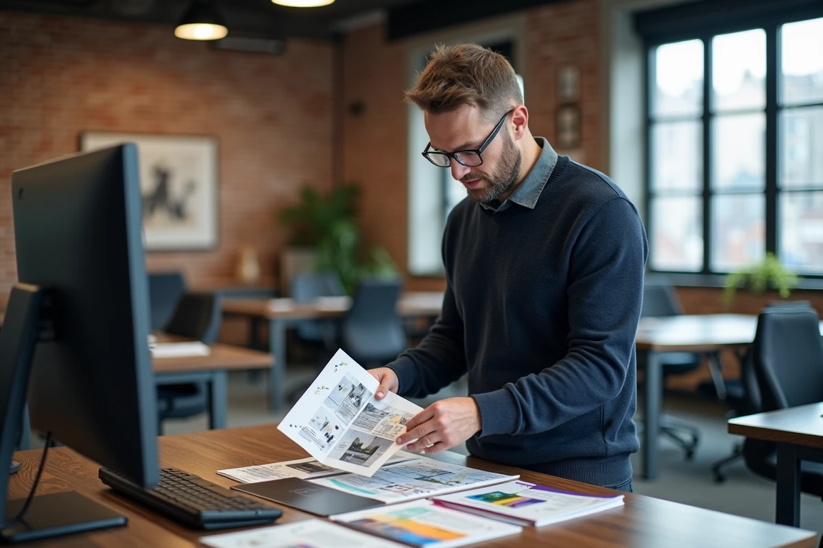 Entrepreneur comparant des supports de communication imprimés créés avec Canva dans un espace de co-working moderne