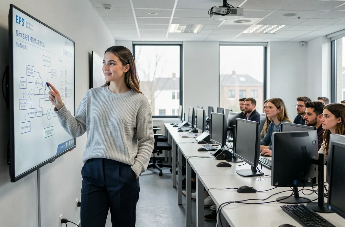 Étudiante présentant un schéma d'architecture logicielle devant ses camarades à l'EPSI Bordeaux