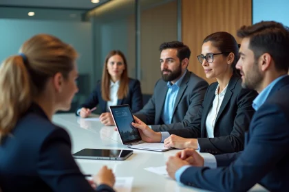 Groupe de professionnels en réunion avec une présentatrice
