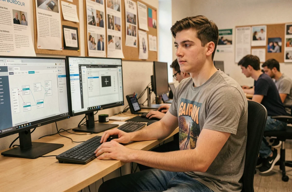 Étudiant travaillant sur un projet de design web et d'interface utilisateur dans les locaux de l'ESGI Bordeaux
