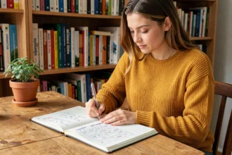 Jeune femme étudiant les conjugaisons espagnoles dans un cahier ouvert, comparant l'imparfait et le passé composé à son bureau en bois