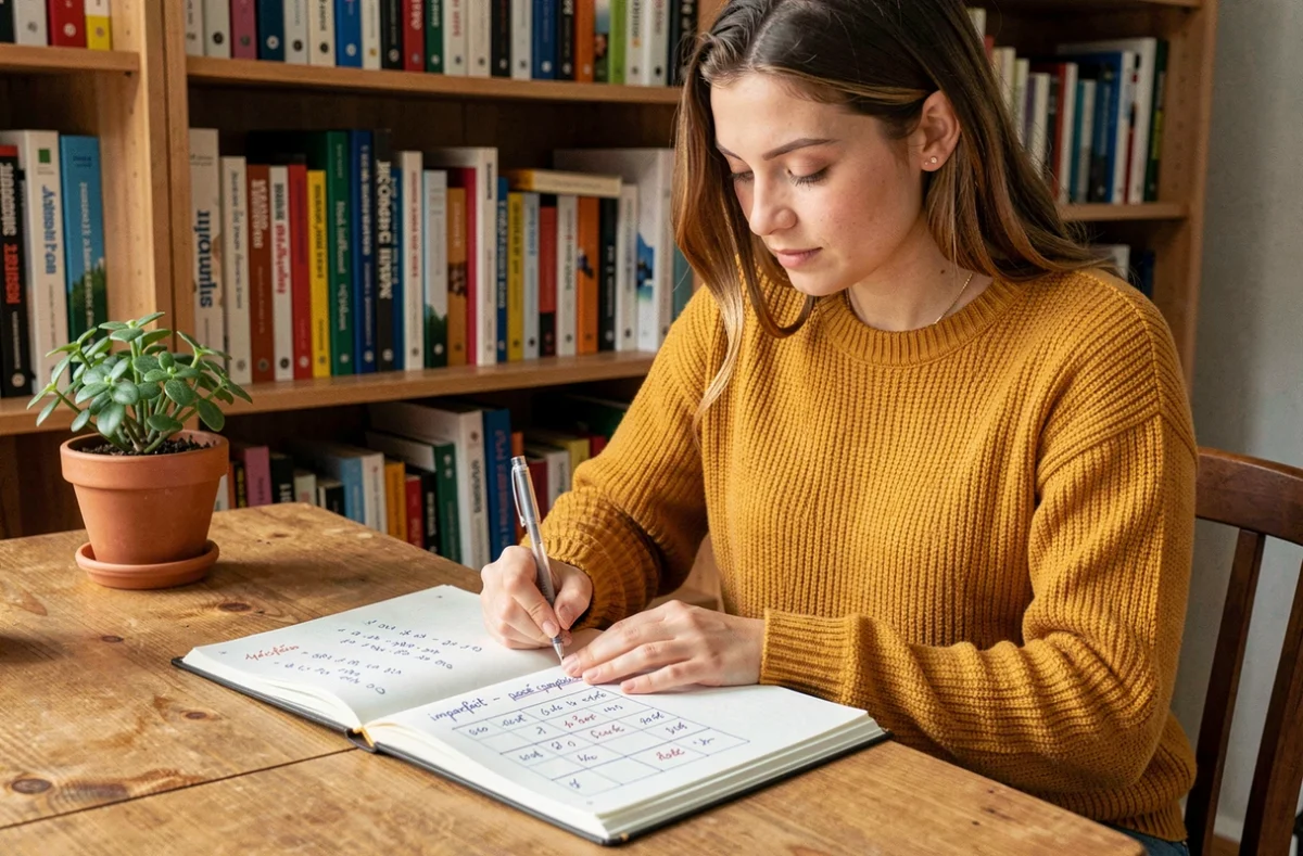 Jeune femme étudiant les conjugaisons espagnoles dans un cahier ouvert, comparant l'imparfait et le passé composé à son bureau en bois