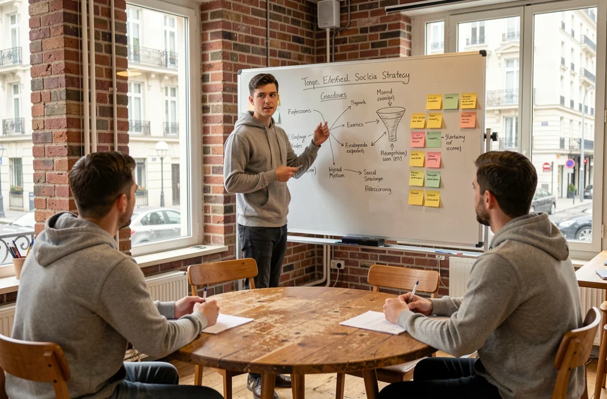 Étudiant en alternance marketing digital présentant une stratégie numérique sur un tableau blanc dans un bureau de startup à Paris