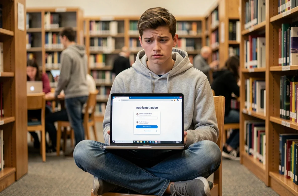 Étudiant tentant de se connecter à son espace numérique académique depuis une bibliothèque universitaire