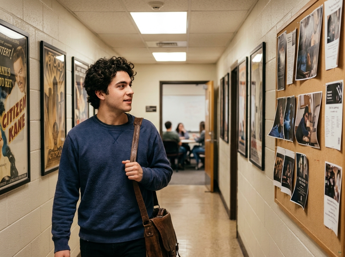 Étudiant en école de cinéma marchant dans un couloir décoré d'affiches de films et de projets étudiants affichés sur des panneaux