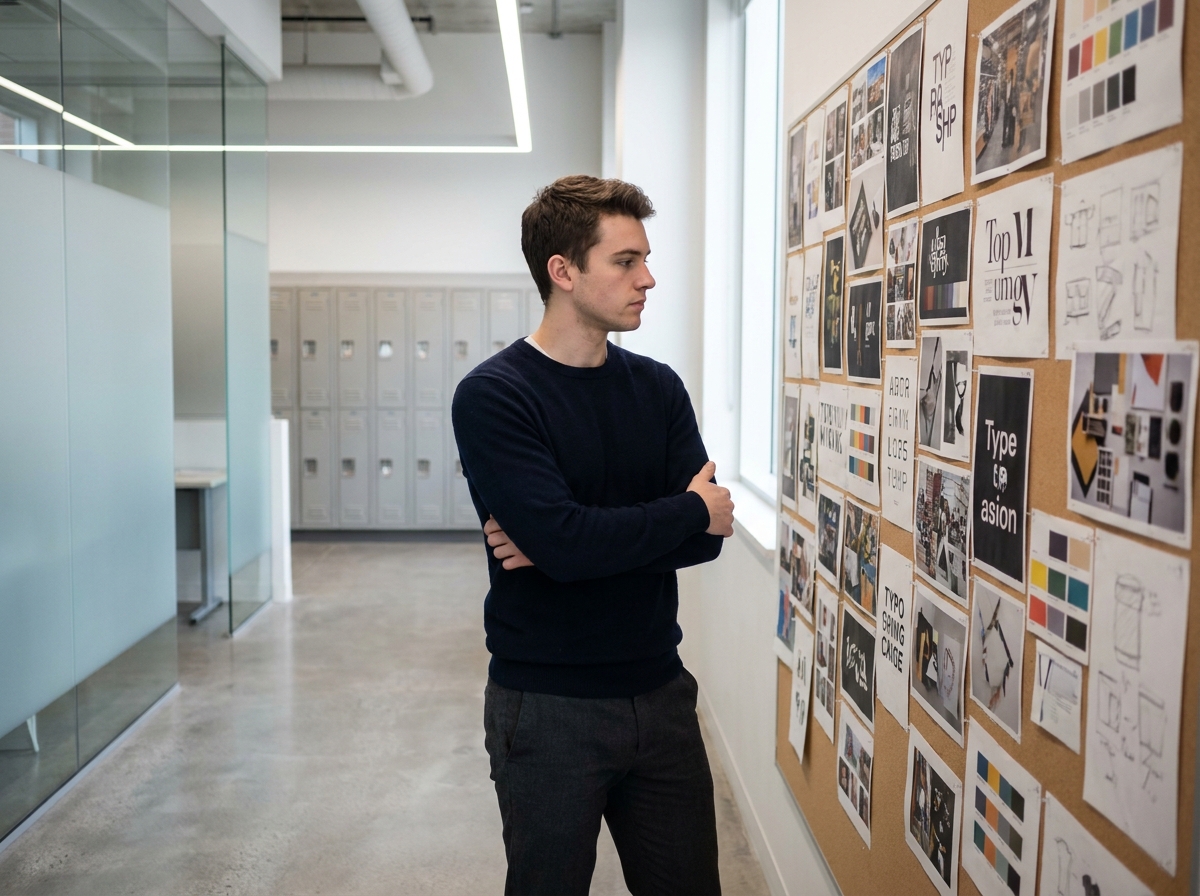 Étudiant en école de design analysant un tableau de bord créatif dans un couloir moderne, questionnant la voie d'accès aux études de design