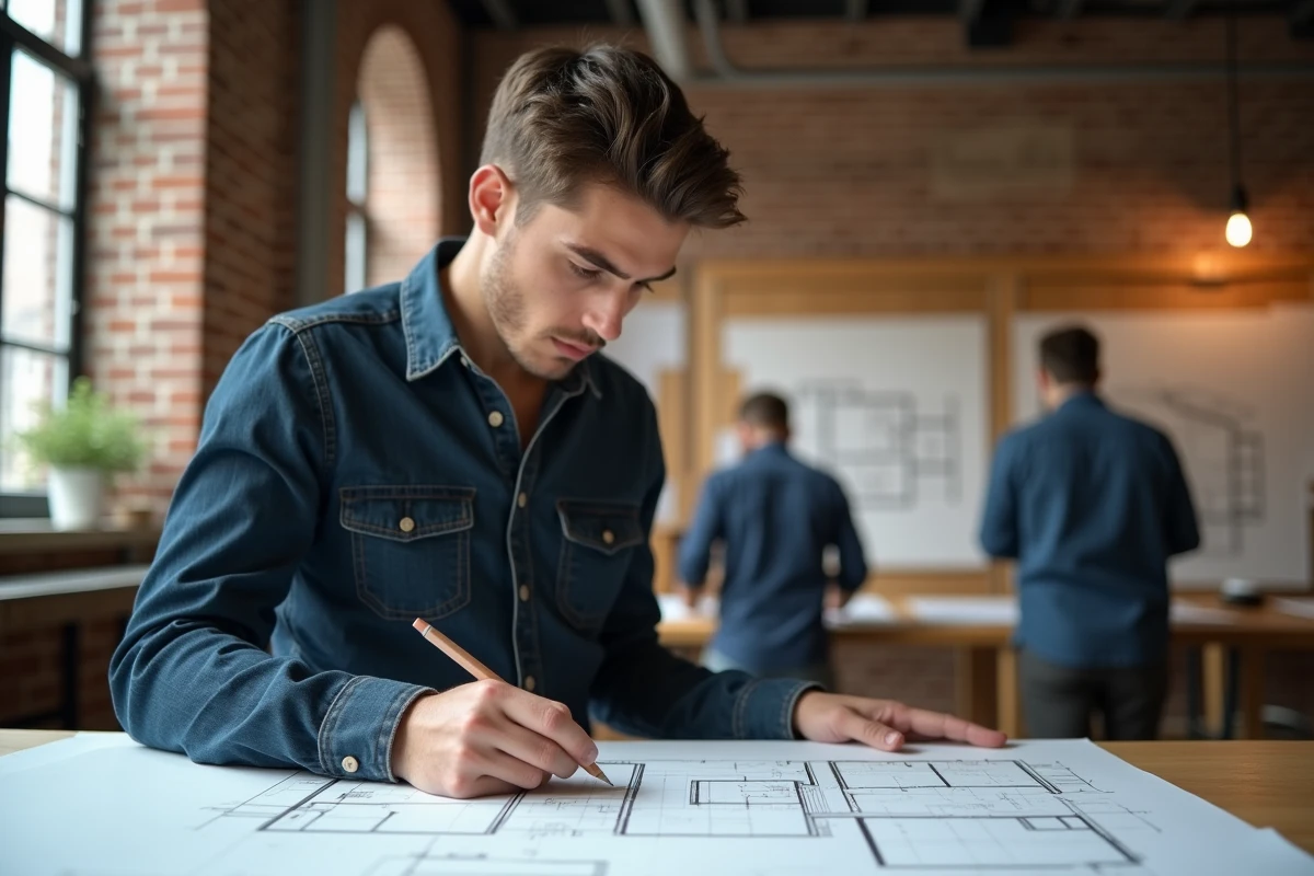 Étudiant en école de design traditionnelle esquissant des plans architecturaux à la main sur une table à dessin dans un atelier académique