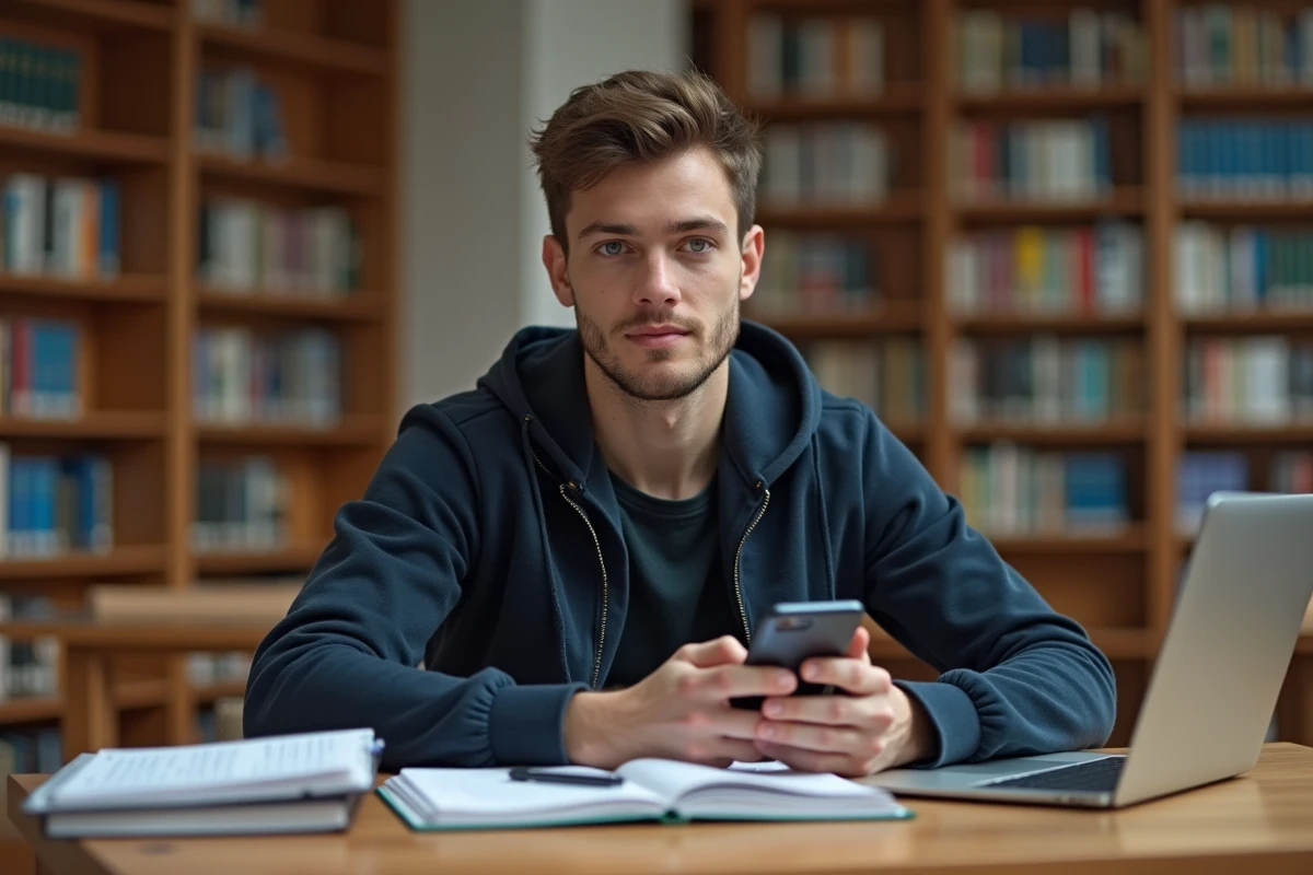 Étudiant consultant l'ENT Lille sur mobile depuis une bibliothèque universitaire