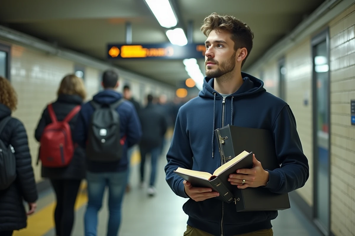 Étudiant du master El Karoui en déplacement dans le métro parisien consultant son planning de la semaine