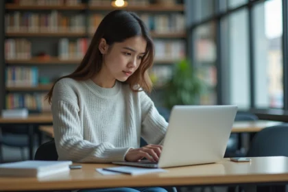 Jeune etudiant universitaire concentré sur son ordinateur portable dans une bibliothèque lumineuse