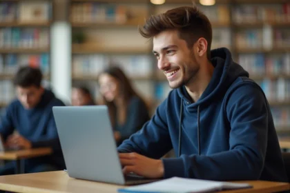 Étudiant masculin utilisant le portail Alcuin sur son ordinateur portable dans une bibliothèque universitaire moderne