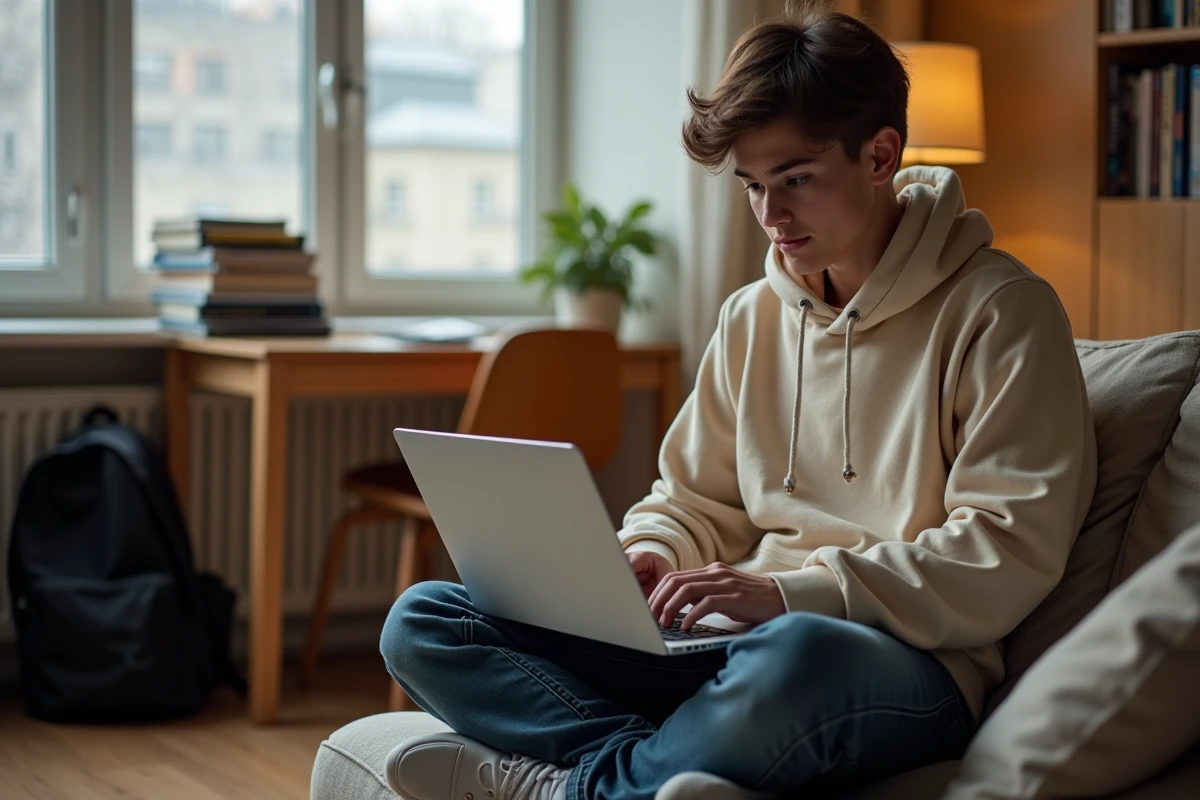 Étudiant en résidence universitaire configurant sa messagerie académique Clermont-Ferrand sur Outlook avec un laptop