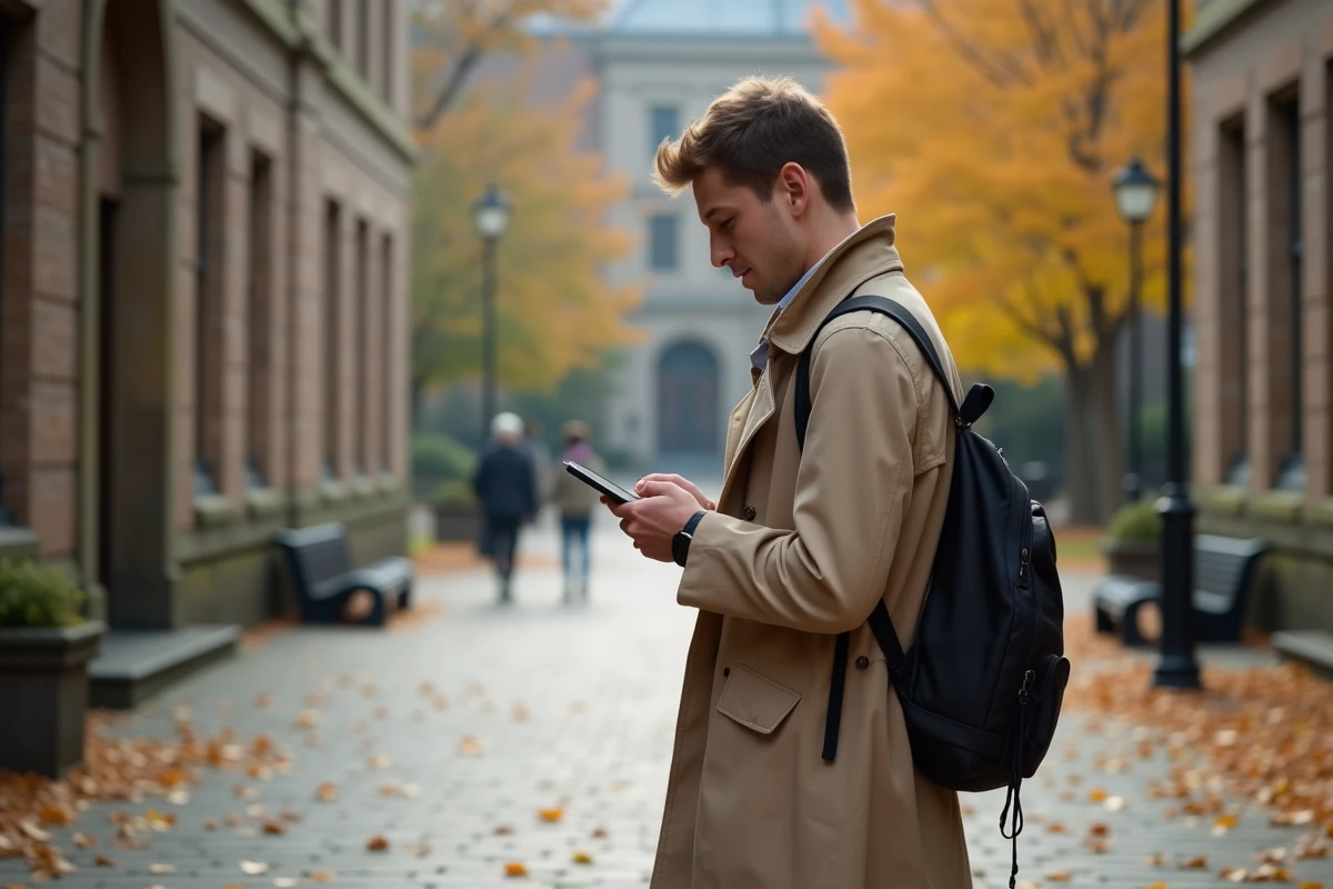 Étudiant vérifiant ses résultats d'examens sur mobile en plein air sur un campus universitaire en automne