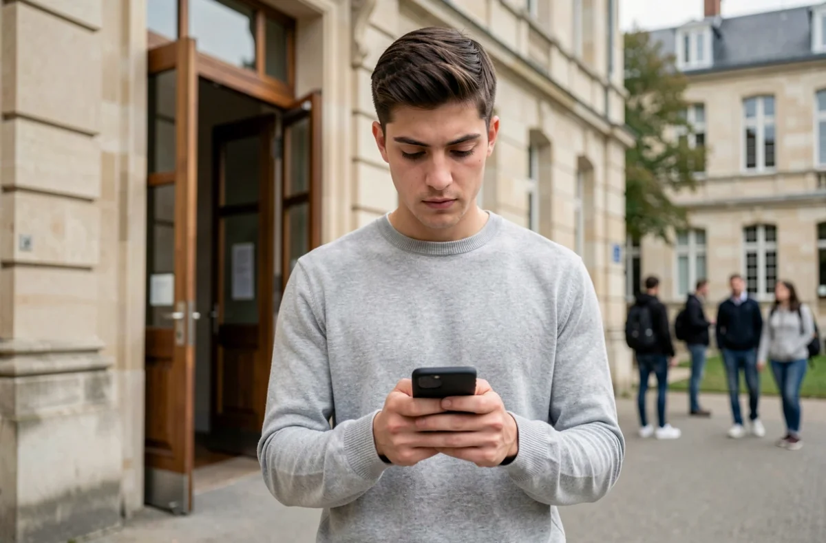 Jeune homme consultant les résultats SIGEM sur son téléphone devant l'entrée d'une grande école française